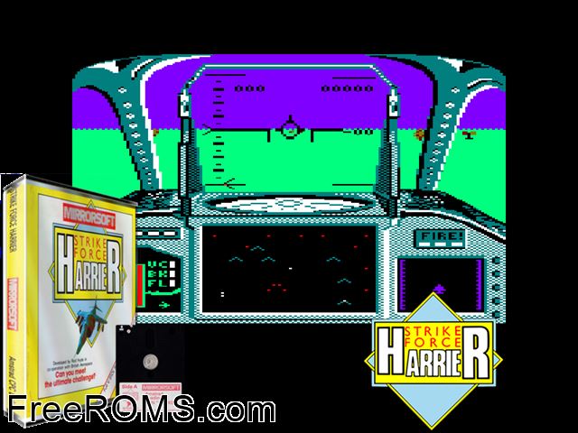 Strike Force Harrier (UK) (1986) [a1] Amstrad CPC game showing 3D box cover and gameplay screenshot